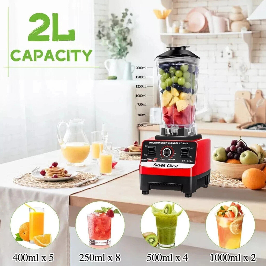 4500W Multifunctional Blender Food Processor Smoothie Juicer Ice Crusher 2 Jugs